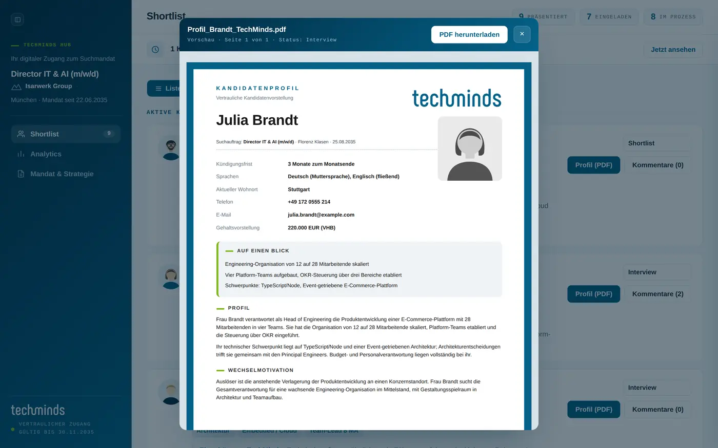 PDF-Vorschau eines Kandidatenprofils