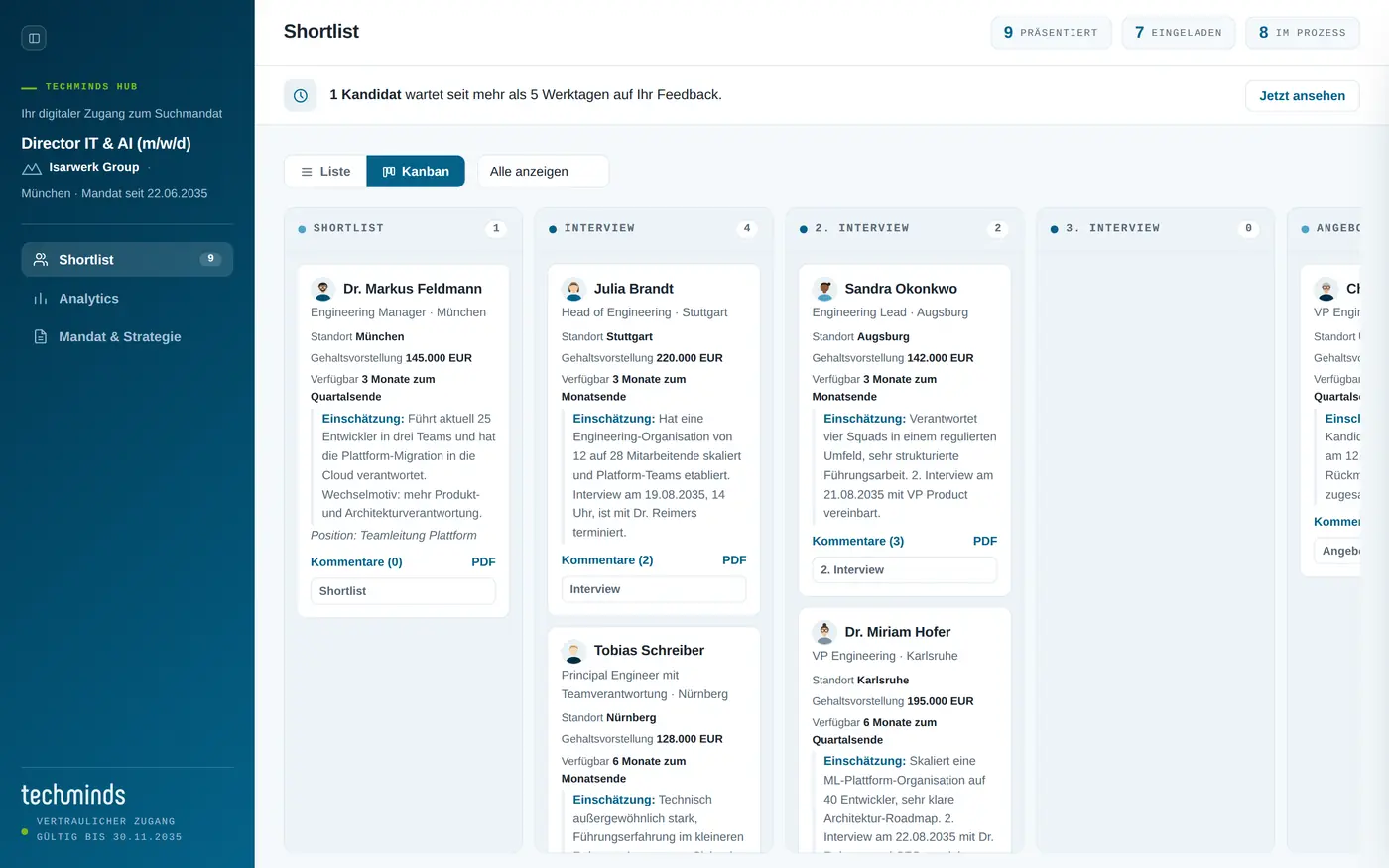 Kanban-Board der Kandidaten nach Prozessstufen