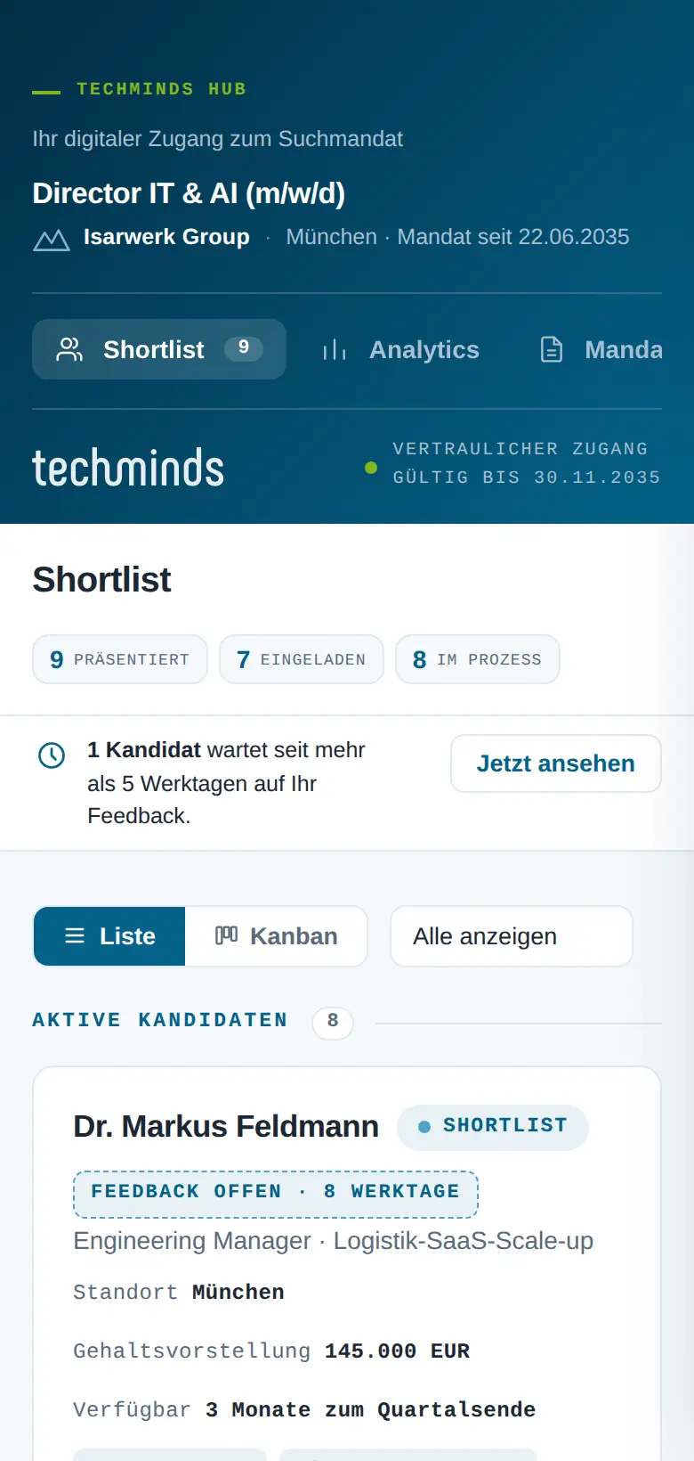 Mobile Ansicht der Shortlist