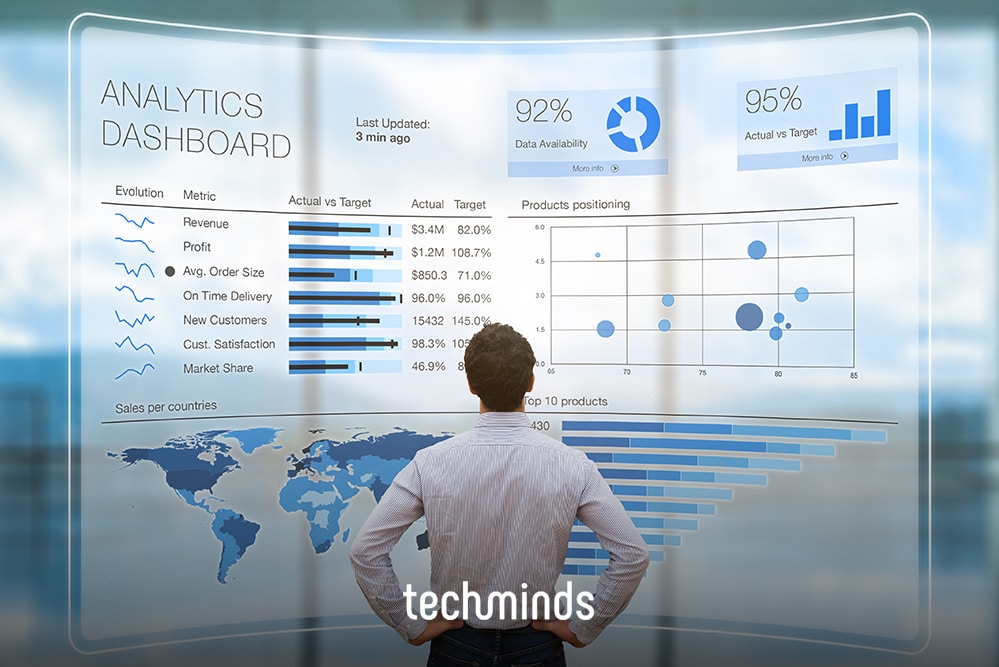 Mann vor einer großen Analytics-Dashboard-Wand mit Weltkarte, Jobprofil BI Developer