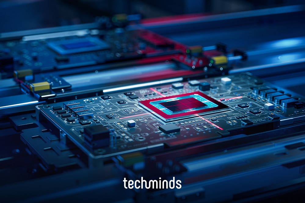 Nahaufnahme eines Chips auf der Leiterplatte, Jobprofil Hardware Entwickler