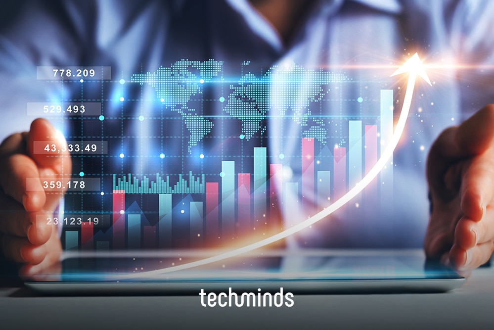 Hand mit Tablet und steigendem Balkendiagramm, Jobprofil Head of BI (Business Intelligence)