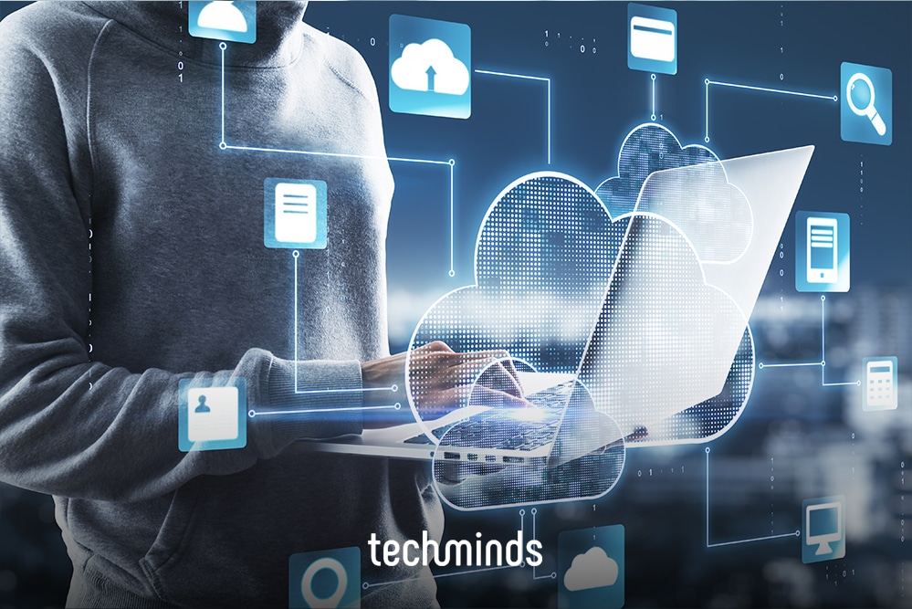 Hände am Laptop mit Cloud- und App-Symbolen, Jobprofil Application Manager