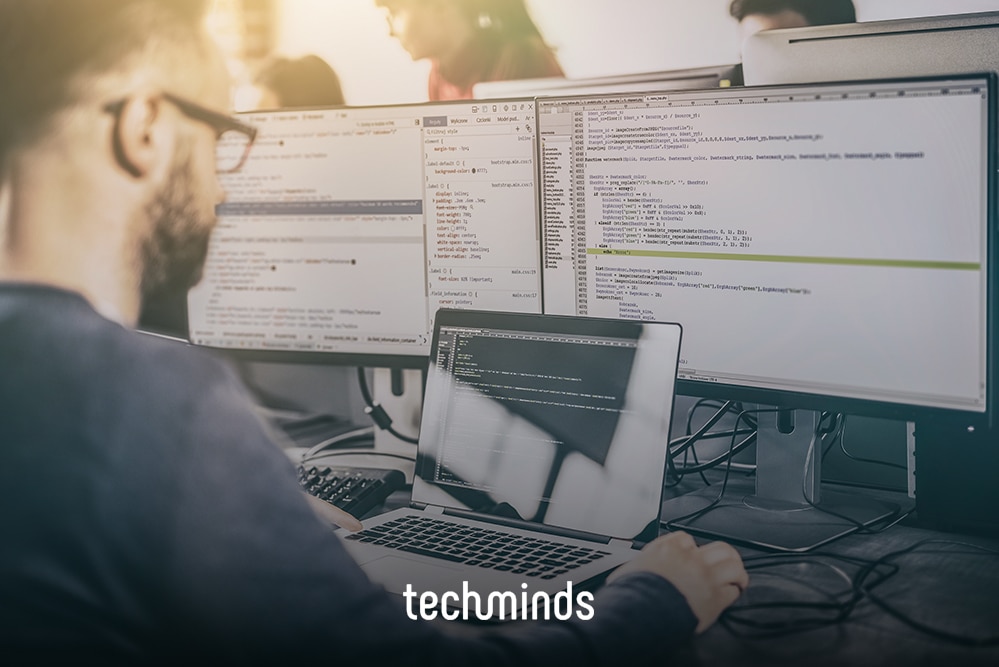 Entwickler an zwei Monitoren mit Quellcode, Jobprofil Developer