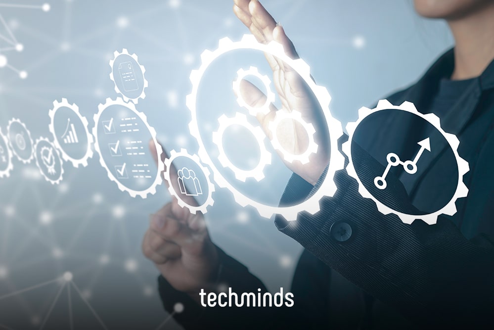 Hand mit Zahnrad-Grafik und Netzwerksymbolen, Jobprofil Head of Engineering