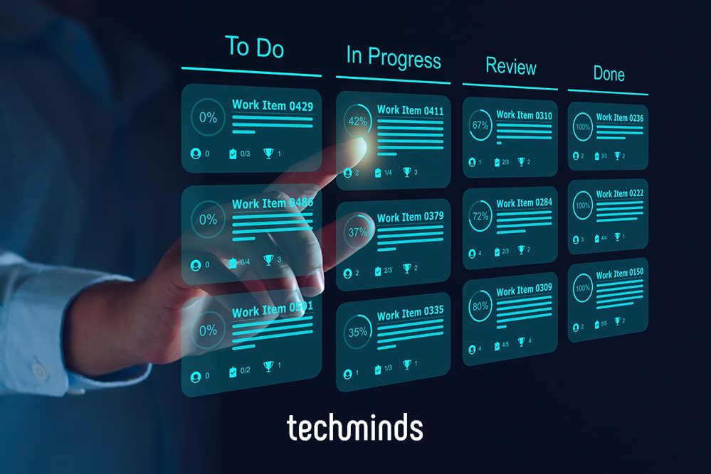 Hand an einem digitalen Kanban-Board mit To Do, In Progress und Done, Jobprofil Lean Manager