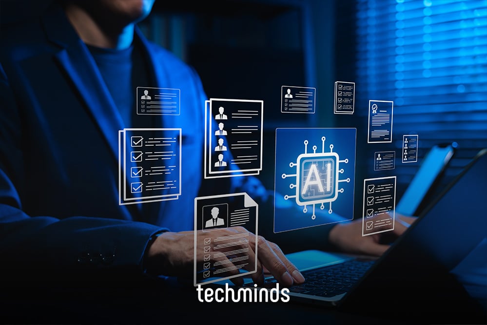 AI-powered recruiting dashboard with holographic interface panels and microchip displayed on laptop.