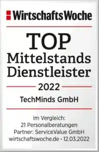 Auszeichnung WirtschaftsWoche TOP Personalberatung 2022 für TechMinds GmbH.