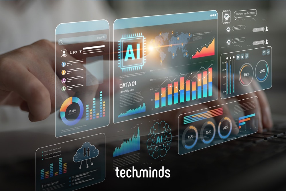Hand tippt auf ein KI-Dashboard mit Diagrammen, Jobprofil AI Engineer und KI-Entwickler