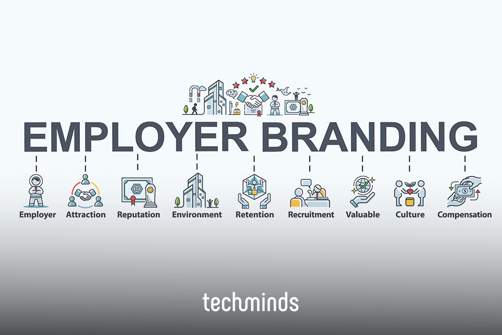 Grafik Employer Branding mit Icons zu Reputation, Kultur und Recruiting, Insights TechMinds