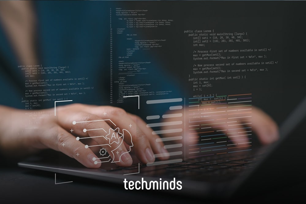Hände tippen Code am Laptop mit KI-Hologramm, Jobprofil GenAI Engineer