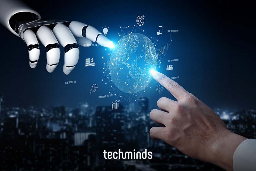 Human and robot hands touching a glowing digital globe, symbolizing AI collaboration and innovation.