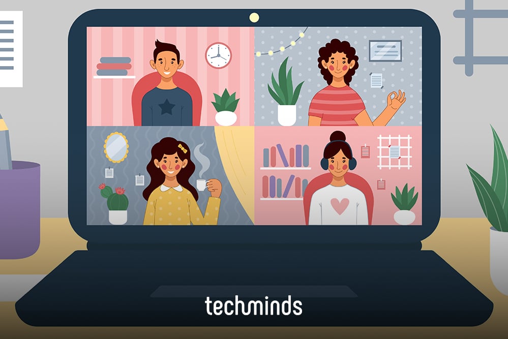 Remote Leadership: Vier Personen beim Video-Call auf einem Laptop-Bildschirm im Home-Office.