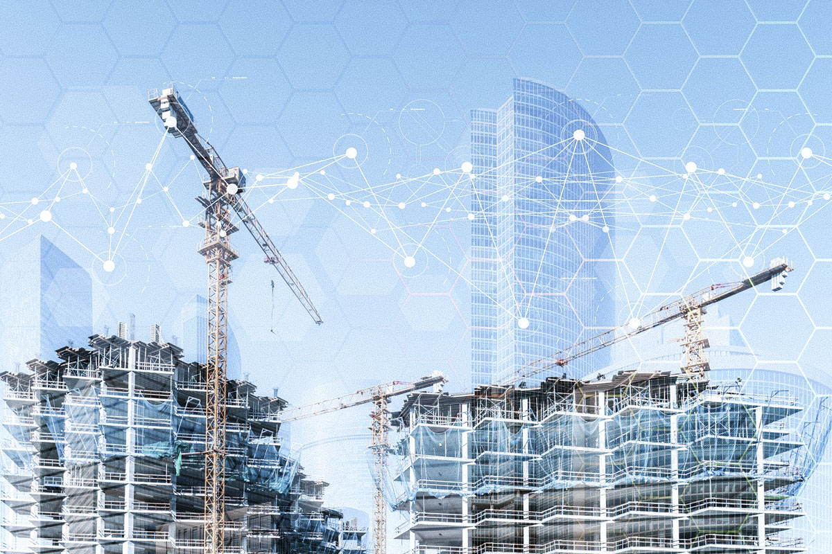 Bannerhintergrund für die Bautechnik. Baustelle mit Kränen, Beschlägen und Beton.