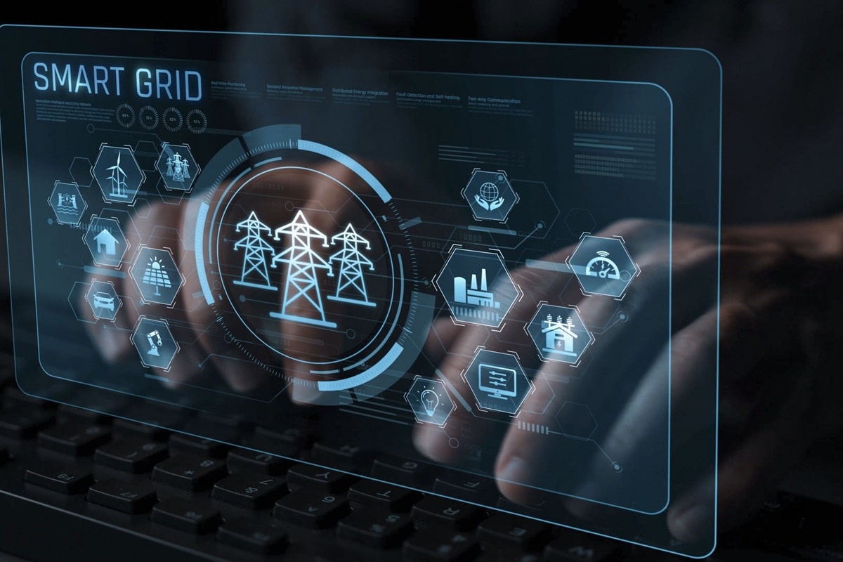 Hand am Tablet mit Smart-Grid-Hologramm, Personalberatung Energiewirtschaft TechMinds