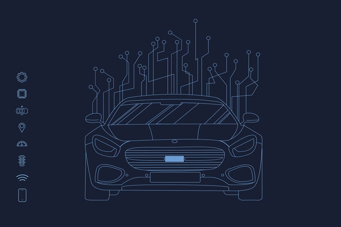 Drahtgitter-Illustration eines Autos mit Technik-Icons, Headhunter Automotive TechMinds