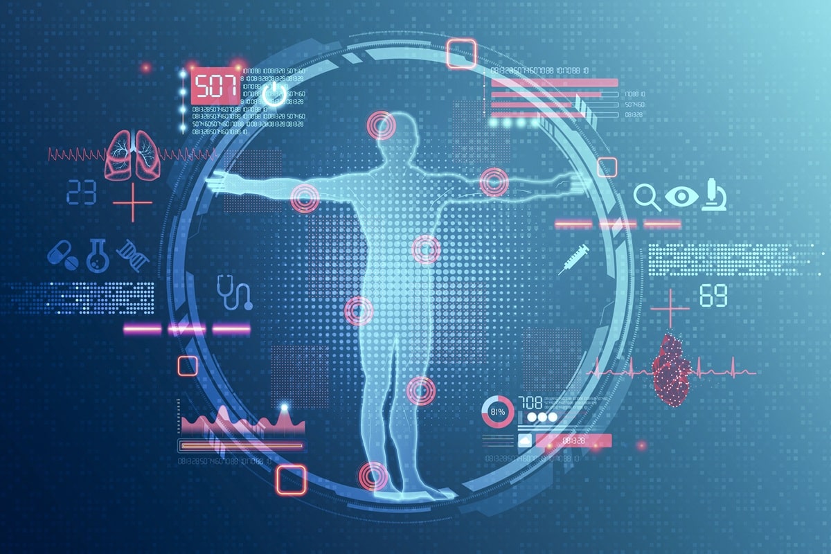 Hologramm eines menschlichen Körpers mit Gesundheitsdaten, Personalberatung Medizintechnik