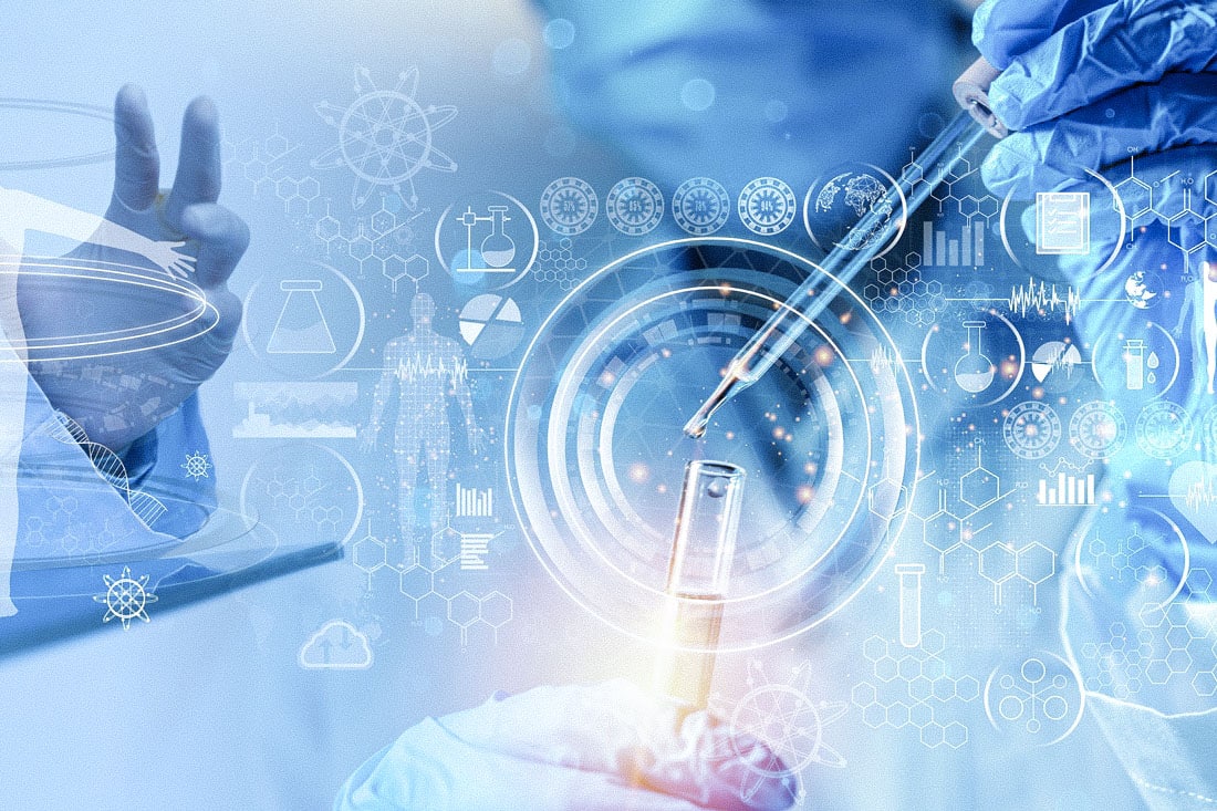 Hand mit Pipette im Labor und Molekül-Hologramm, Personalberatung Pharma und BioTech TechMinds