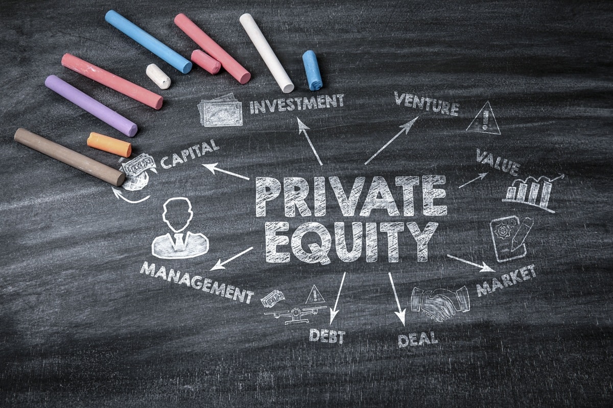Private Equity Concept. Black scratched textured chalkboard background.