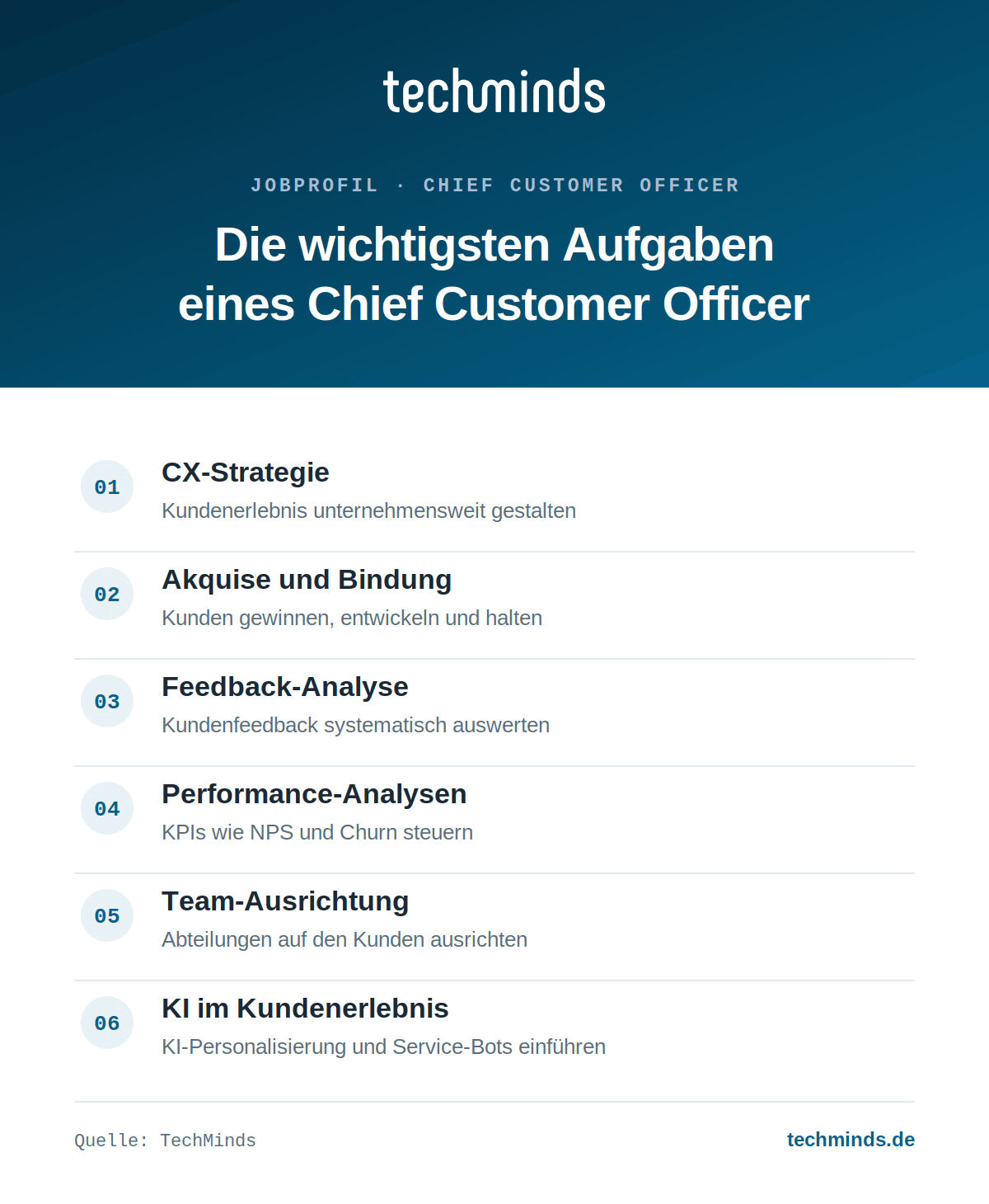 cco-aufgaben-im-ueberblick Sechs Kernaufgaben des CCO: CX-Strategie, Akquise und Bindung, Feedback- und KPI-Analysen, KI im Kundenerlebnis.