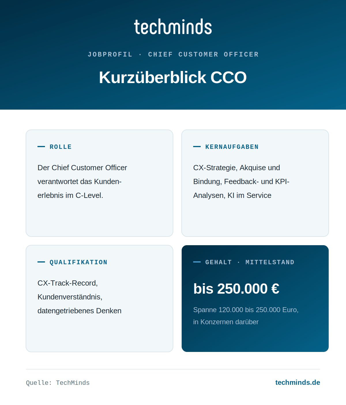 cco-kurzueberblick CCO im Kurzüberblick: verantwortet das Kundenerlebnis im C-Level, Gehalt 120.000 bis 250.000 Euro brutto im Jahr.
