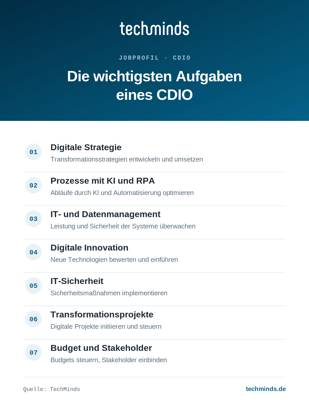 cdio-aufgaben-im-ueberblick Sieben Kernaufgaben des CDIO: Digitalstrategie, Prozesse mit KI und RPA, IT- und Datenmanagement, Innovation, Projekte.