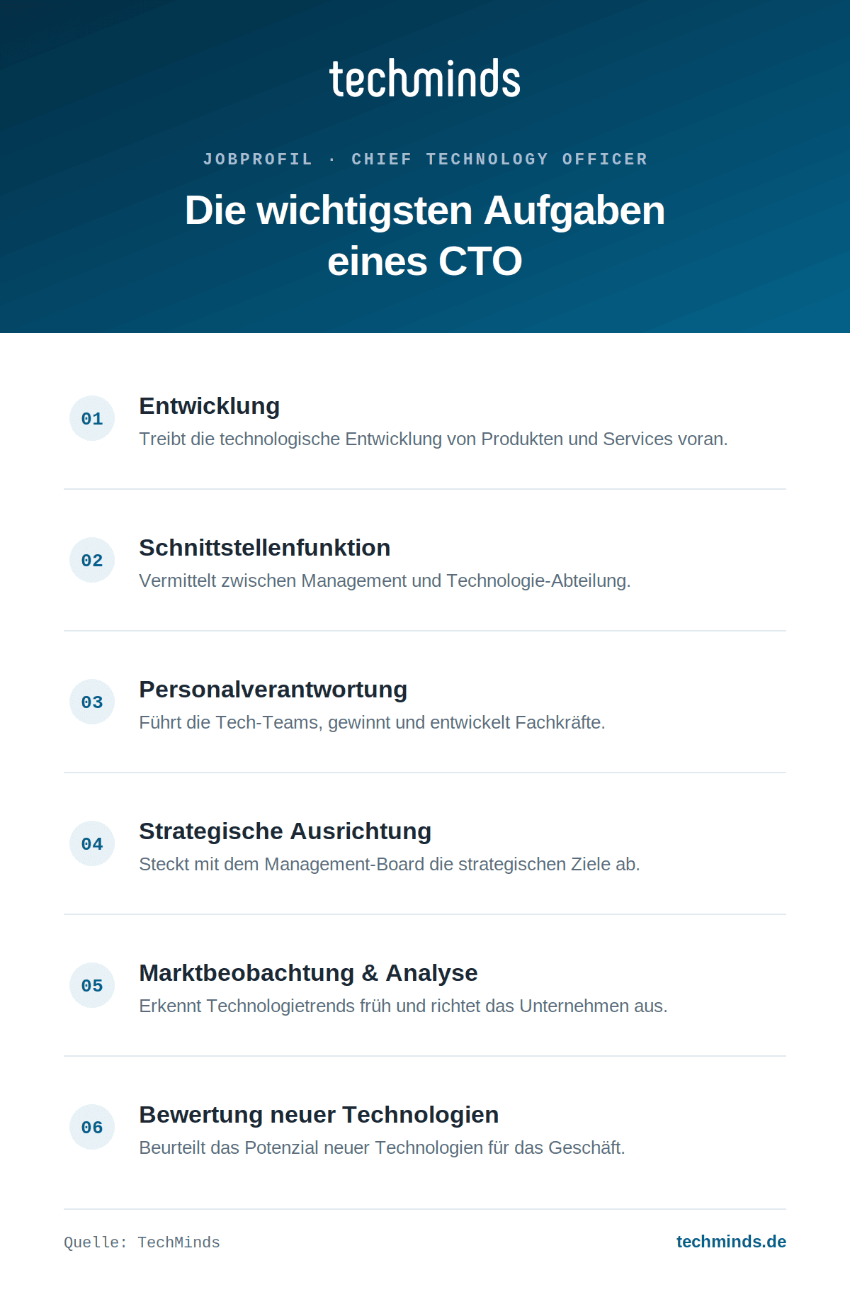 cto-aufgaben Sieben Kernaufgaben des CTO: Technologieentwicklung, KI- und Plattformstrategie, Teams, Strategie, Markt und Bewertung.