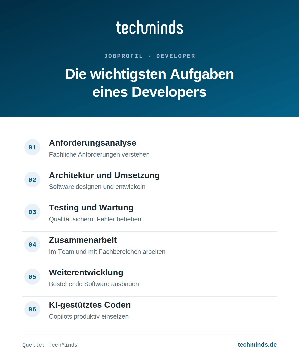developer-aufgaben-im-ueberblick Sechs Kernaufgaben des Developers: Anforderungen, Architektur, Implementierung, Testing, Weiterentwicklung, KI-Coden.