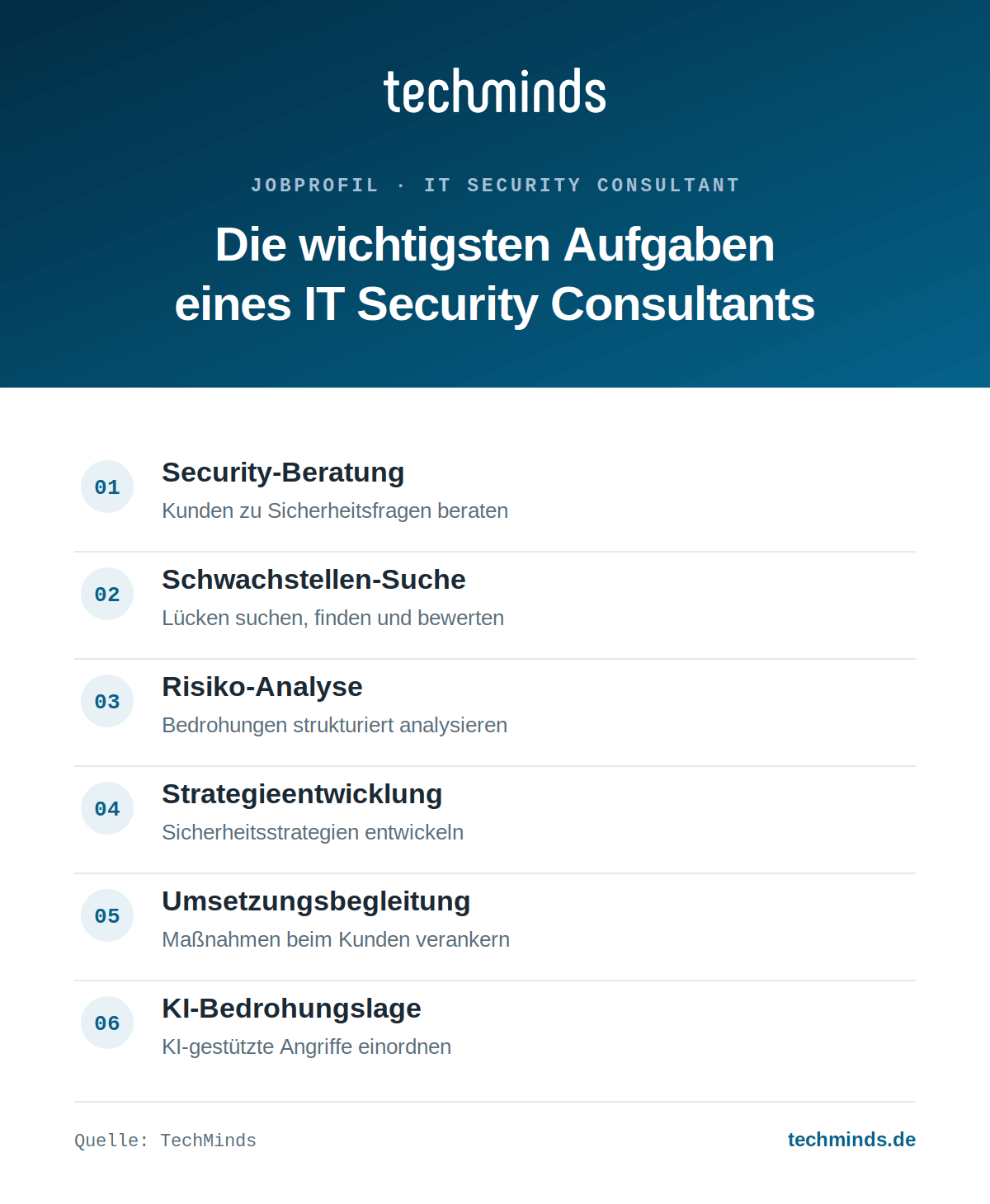 it-security-consultant-aufgaben Sechs Kernaufgaben des IT Security Consultants: Beratung, Schwachstellen, Risiko-Analyse, Strategie, Umsetzung.