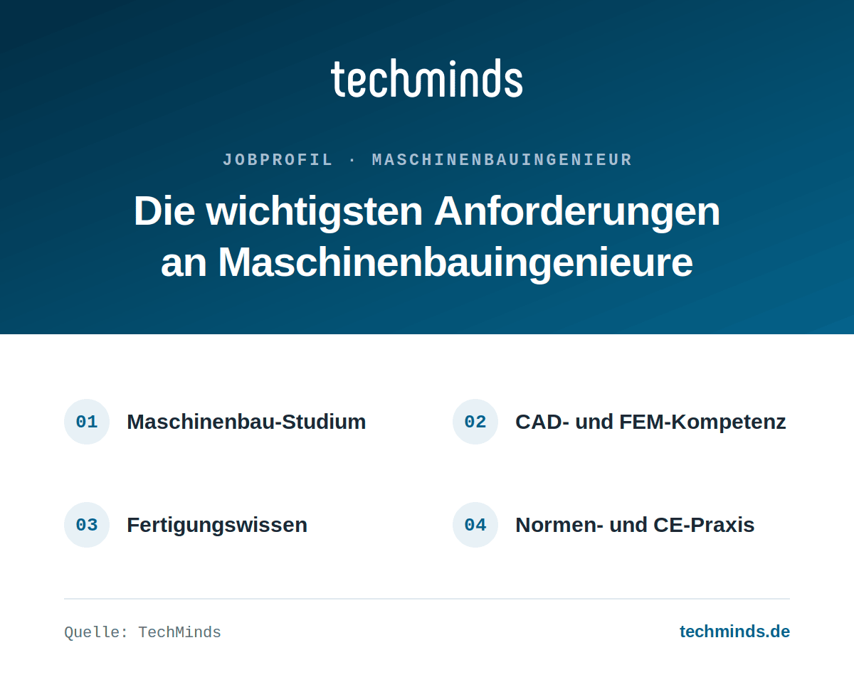 Anforderungen an Maschinenbauingenieure Anforderungen an Maschinenbauingenieure: Studium, CAD- und FEM-Kompetenz, Fertigungswissen, CE-Praxis.