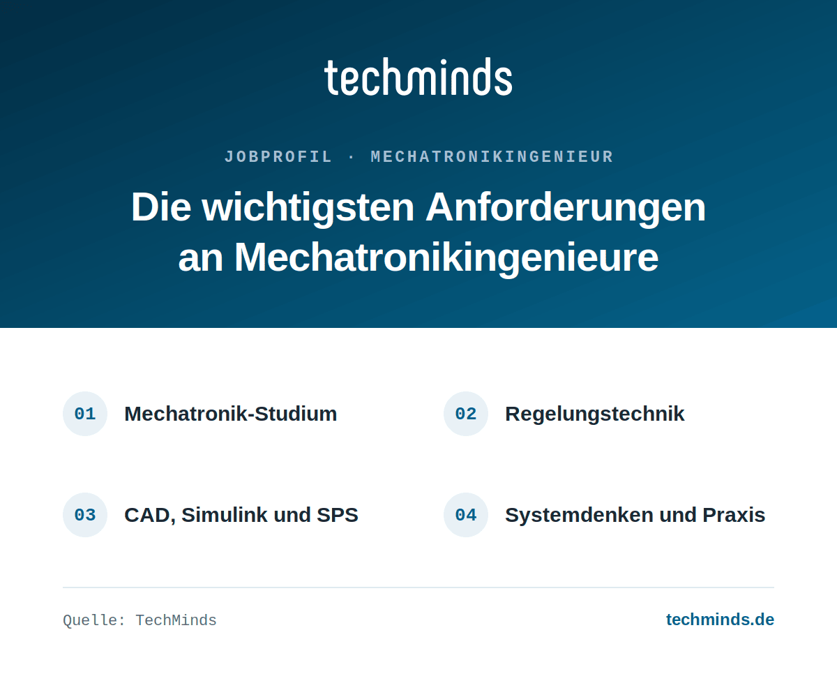 Anforderungen an Mechatronikingenieure Anforderungen an Mechatronikingenieure: Studium, Regelungstechnik, CAD, Simulink und SPS, Systemdenken.