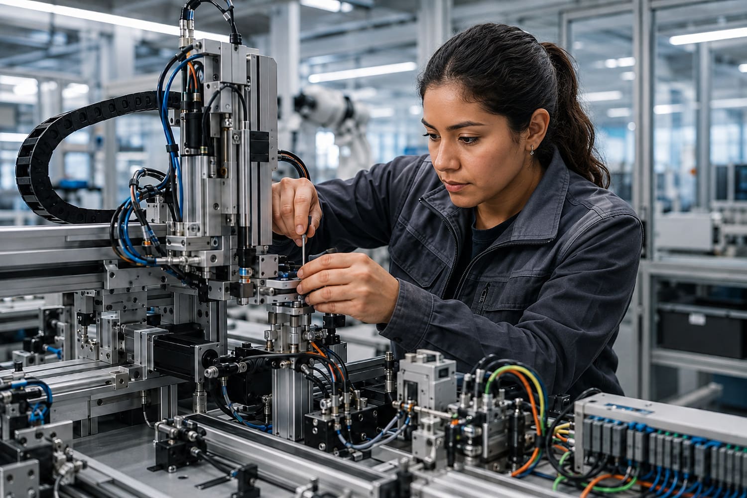 Ingenieurin justiert eine Automatisierungsanlage in der Fertigung, Jobprofil Mechatronikingenieur