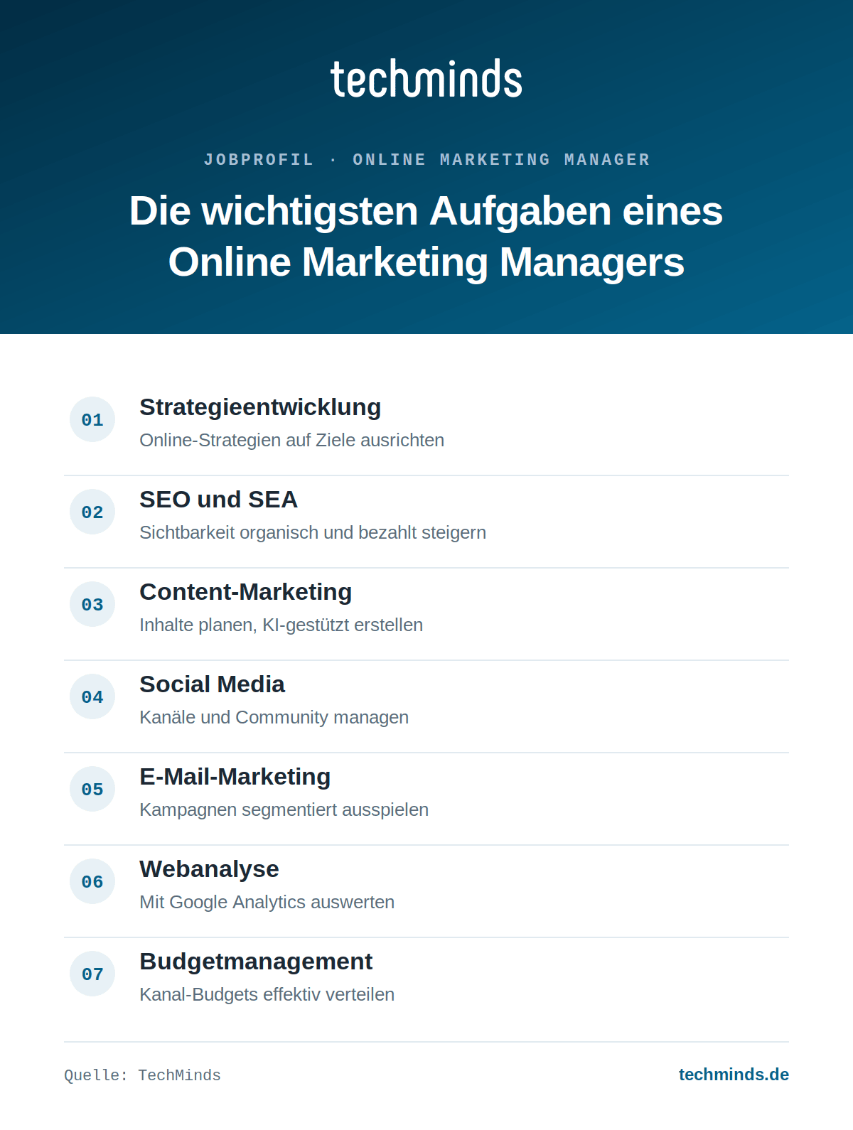 online-marketing-manager-aufgaben Sieben Kernaufgaben des Online Marketing Managers: Strategie, SEO und SEA, Content, Social, E-Mail, Analyse, Budget.