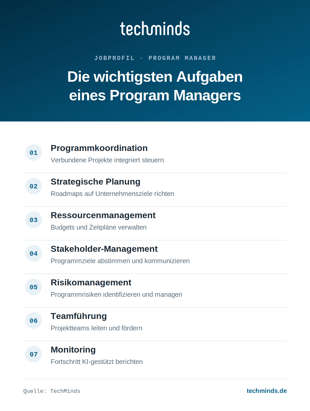 program-manager-aufgaben-im-ueberblick Sieben Kernaufgaben des Program Managers: Koordination, Strategie, Ressourcen, Stakeholder, Risiken, Teams.