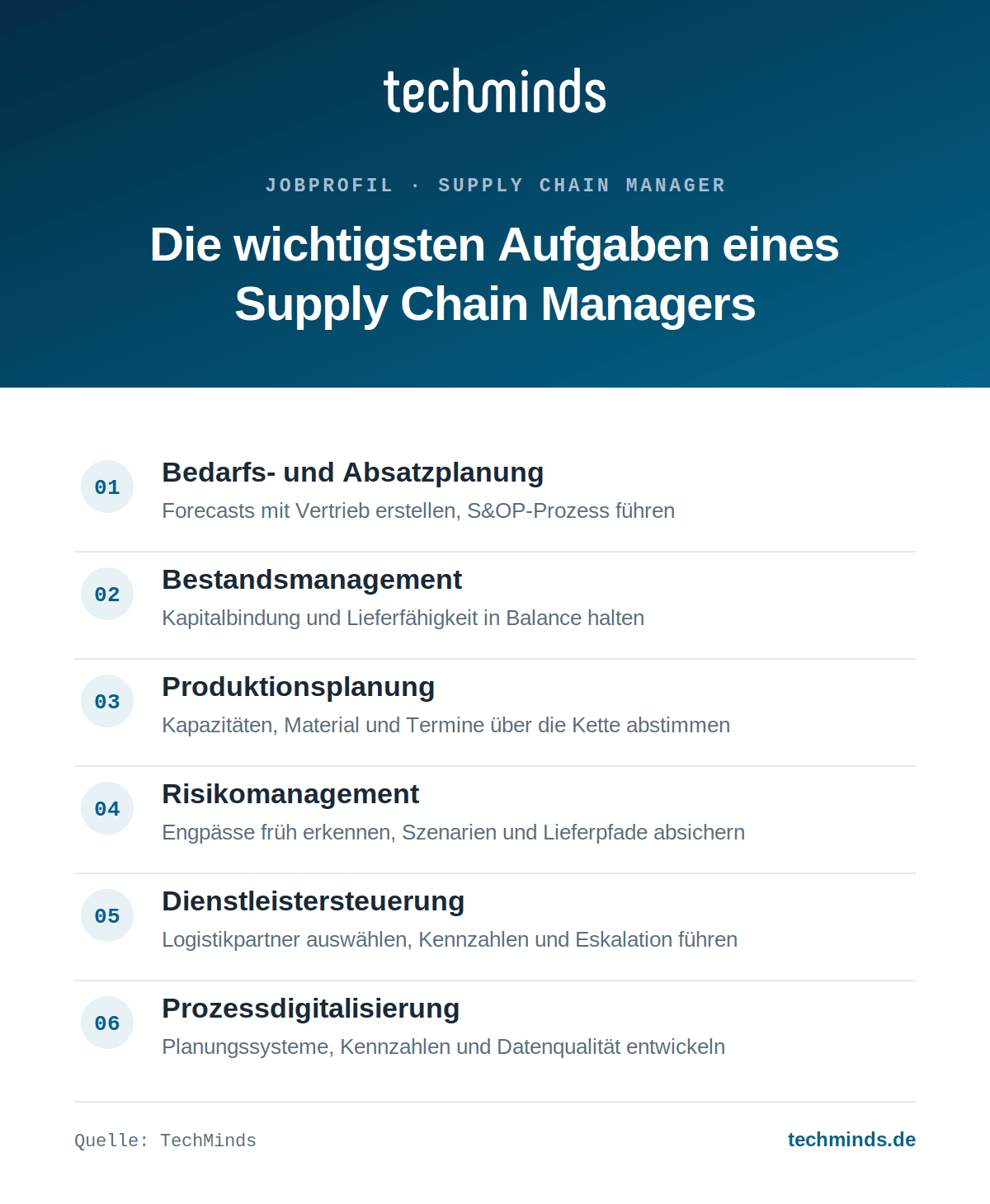 Aufgaben eines Supply Chain Managers Aufgaben eines Supply Chain Managers: Forecasts und S&OP, Bestände, Risiken, Dienstleister, Digitalisierung.