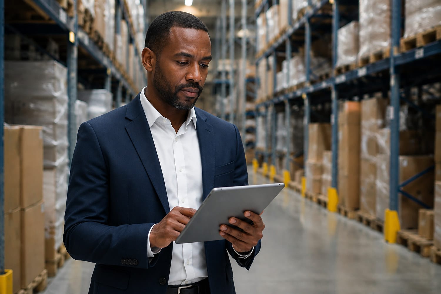 Supply Chain Manager mit Tablet im Hochregallager, Jobprofil Supply Chain Manager
