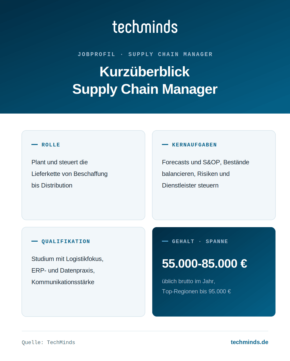 Supply Chain Manager im Überblick Supply Chain Manager im Überblick: Planung der Lieferkette Ende zu Ende, Gehaltsspanne 55.000 bis 85.000 €.
