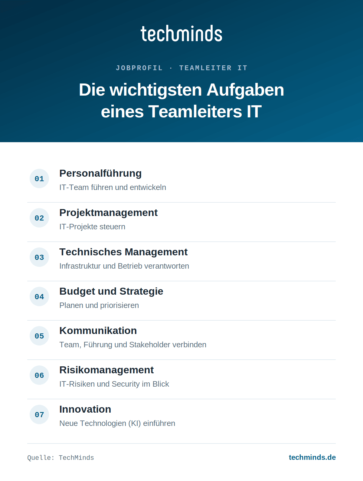 teamleiter-it-aufgaben-im-ueberblick Sieben Kernaufgaben des Teamleiters IT: Personal, Projekte, Technik, Budget, Kommunikation, Risiken, Innovation.