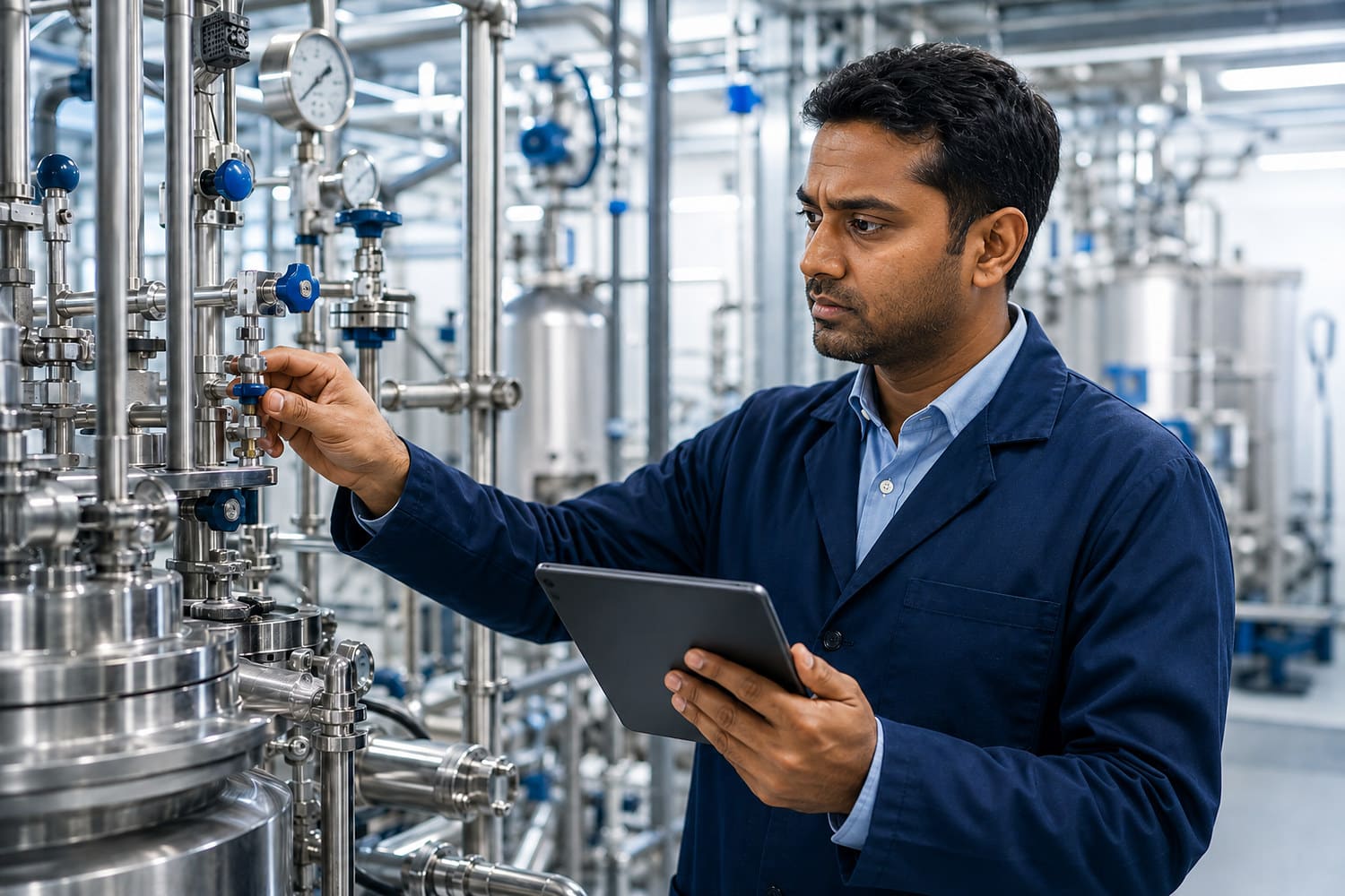 Verfahrensingenieur kontrolliert Armaturen und Anlagenparameter einer Prozessanlage mit dem Tablet.