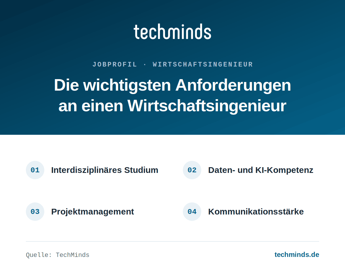 Anforderungen an Wirtschaftsingenieure Anforderungen an Wirtschaftsingenieure: interdisziplinäres Studium, Daten- und KI-Kompetenz, Projektmanagement.