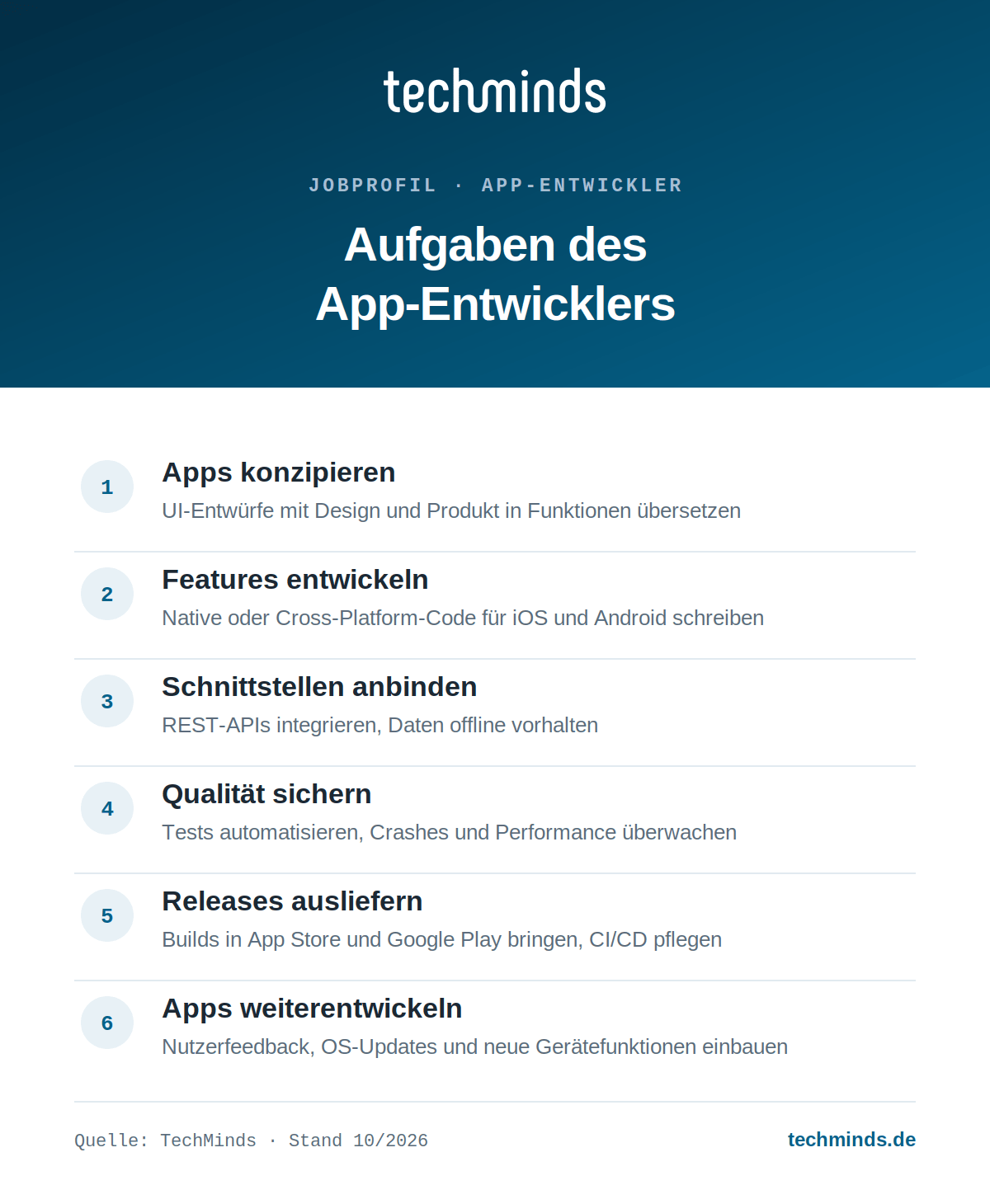 app-entwickler-aufgaben-infografik Sechs Kernaufgaben des App-Entwicklers, von Konzeption und Entwicklung bis Release über App Store und Google Play.